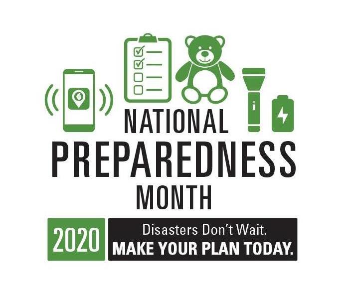 National Preparedness Month graphic with "Disastes Don't Wait. Make Your Plan Today." slogan at bottom of page. 