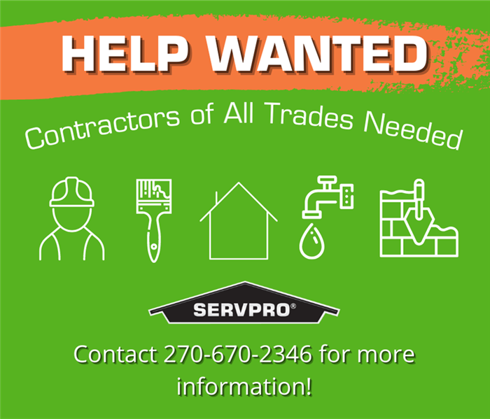 "HELP WANTED" at top of photo under a paint brush of orange with a green background. Below are symbols of trade jobs 