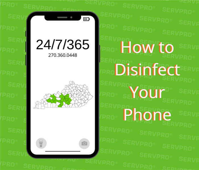 Green graphic photo with cell phone with map of Kentucky on it. Words to the side saying "how to disinfect your phone"